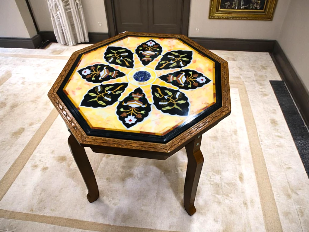 Black and Yellow Marble Side Table with Wooden Stand 